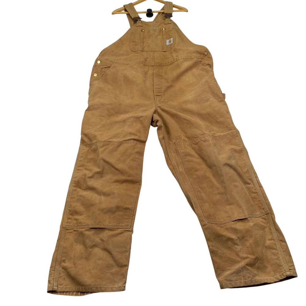 Carhartt Firm Duck Double Knee Bib Overalls Mens XL (44x29.5) Brown Canvas Read